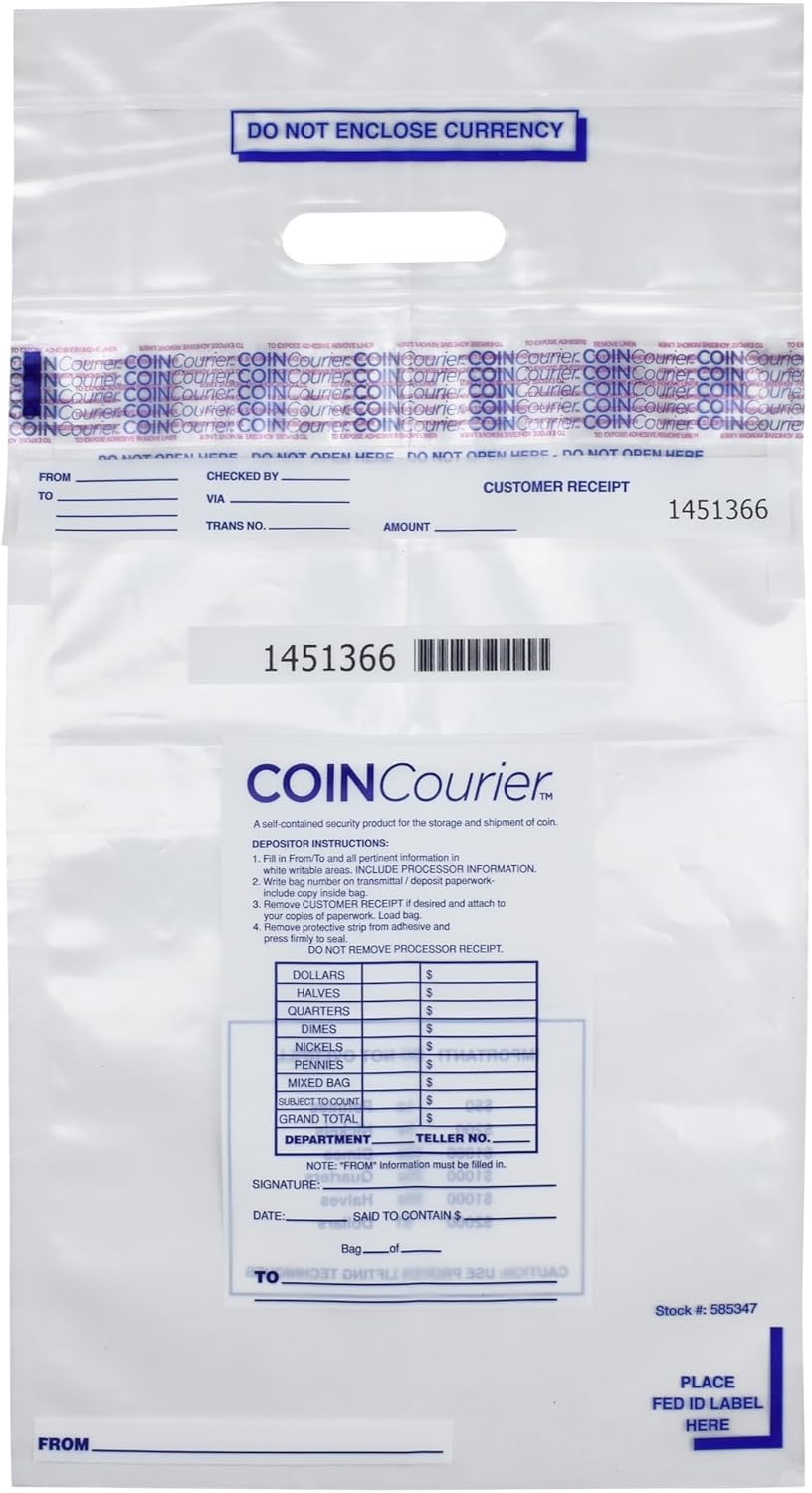 CoinLok Coin Courier Deposit Bag 12" x 24.5", Clear, Pack of 50 Bags, 585347