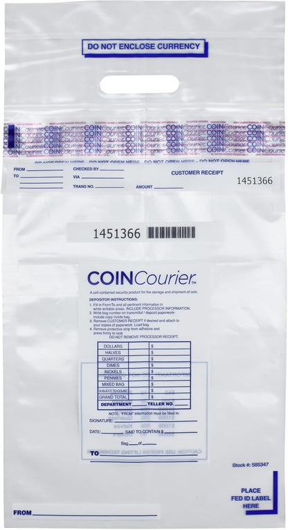 CoinLok Coin Courier Deposit Bag 12" x 24.5", Clear, Pack of 50 Bags, 585347