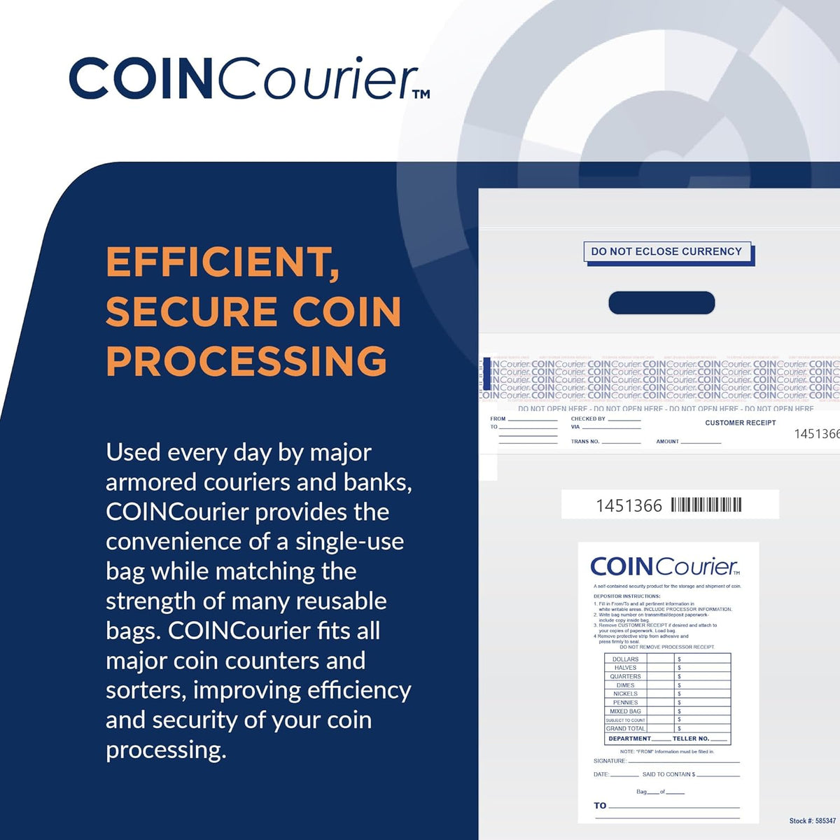 CoinLok Coin Courier Deposit Bag 12" x 24.5", Clear, Pack of 50 Bags, 585347 - spotlesssupply.com